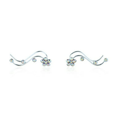 925 Sterling Silver Earpin Crawler Climber Black Onyx Crystal Fan Vine Earrings 925 Sterling Silver Earpin Crawler Climber Black Onyx Crystal Fan Vine Earrings